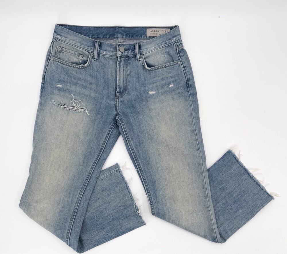 Allsaints Jeans Womens 28 Blue Denim Serene Distressed Straight Leg Raw Hem